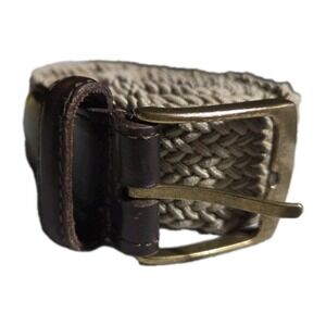 Dockers Men's Belt Woven Stretch Beige Brown Leather, Brass Buckle, Size 36